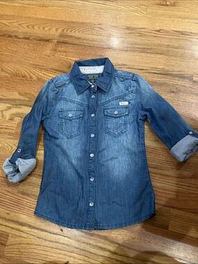 Roots Girls' Denim Button-Down Shirt - Blue Sz 8 NWOT